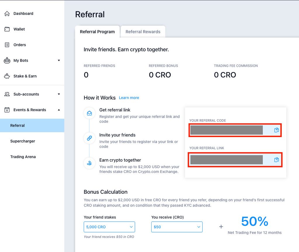 Crypto.com Exchange referral program dashboard