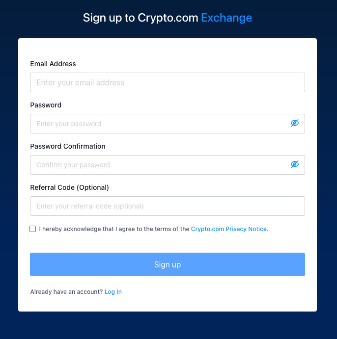 Crypto.com Exchange sign-up form with referral code field